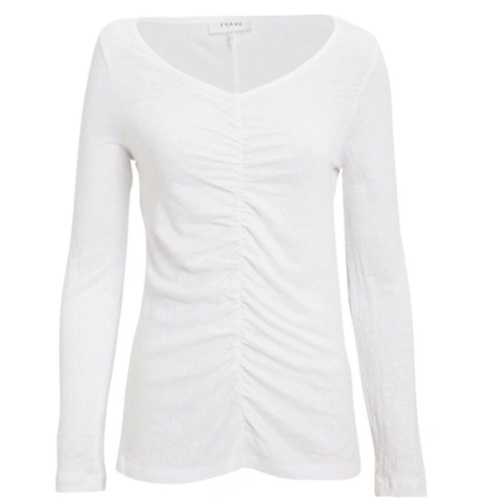 Frame White Linen Shirred Long Sleeve Ruched Front T-Shirt Size M